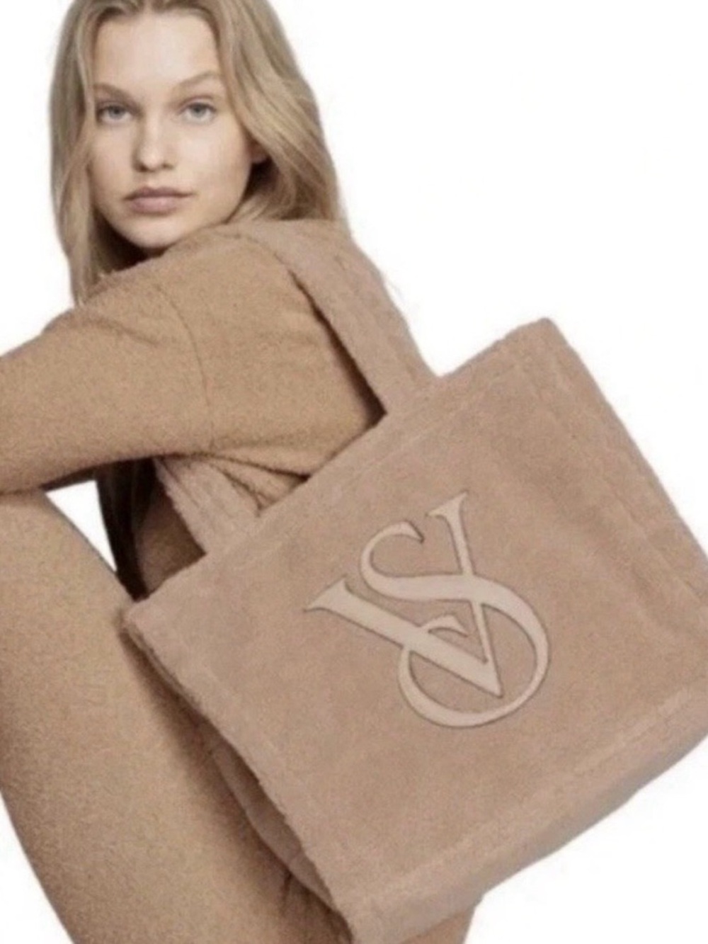 Victoria's Secret Cozy Plush Sherpa Tote Bag VS Logo Large Tan Snap Close Tote